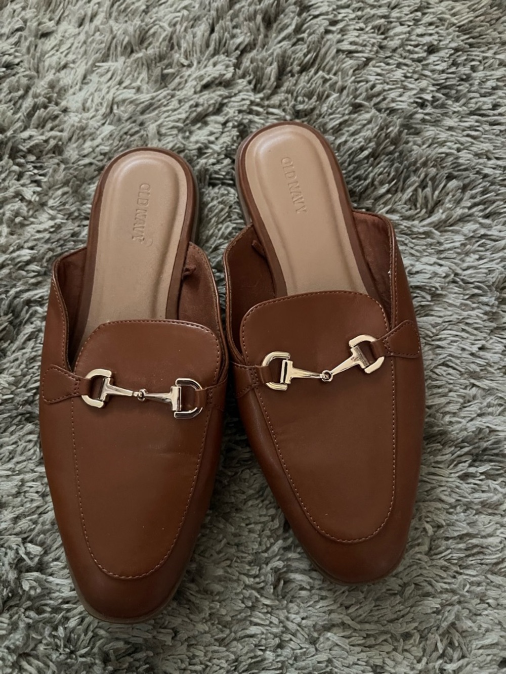 Old Navy Brown Leather-Look Mule Loafers with Gold-Tone Hardware